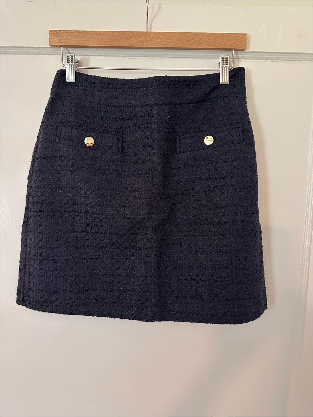 LOFT Navy Tweed Mini Skirt with Gold Buttons